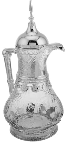 OFFSCH Pichet à Eau Froide en Verre Style Moyen-oriental 1,6 L Couvercle Argenté, Compatible Réfrigérateur, pour Thé Glacé, Café Infusé à Froid et Service de Boissons Estivales