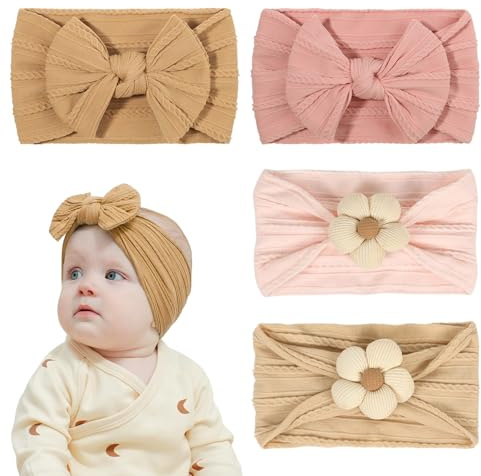 JYXNU Pack de 4 Diademas Bebe Niña Suaves Diadema Niña con Lazo y Flores Hechas a Mano Banda Pelo Elástica en Tela Jacquard Accesorios para el Cabello para Recién Nacidos y Bebés