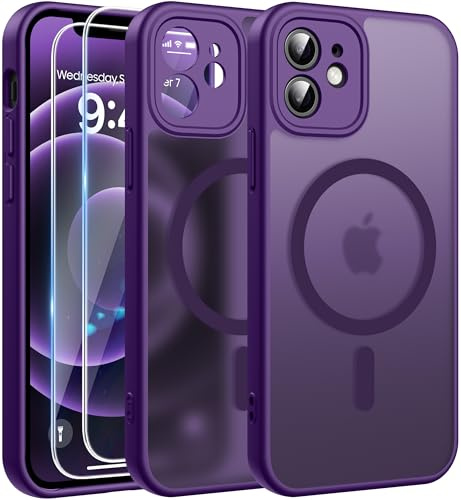 FLLAO for iPhone 12 Case, Magnetic Bumper Phone Case with 2 Tempered Glass Screen Protector, Full Camera Protection, Military-Grade Shockproof, Slim Translucent Matte, Darkpurple
