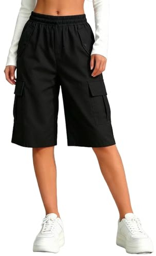 Bermuda Cargo Shorts for Girls Knee Length High Waist Pull On Shorts with Pockets Summer Quick Dry Baggy Biker Trousers Teen Loose Fit Running Hiking Athletic Bottoms