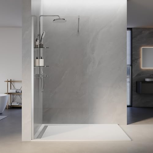 SIRHONA Cabine de douche à l'italienne minimaliste sans seuil, paroi de douche 90 × 200 cm, paroi et étagère en verre trempé de 8 mm d'épaisseur, montage mural réglable jusqu'à -15 mm