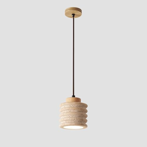 ZHKABEG Lampada a sospensione nordica in pietra naturale e legno, apparecchi di illuminazione artistici Wabi-Sabi in stile giapponese, lampada a sospensione moderna in travertino giallo(Wood)