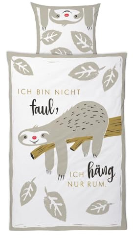 H:)PPY life Sheepworld Bettwäsche Motiv Faultier | 135 cm x 200 cm | Kissen 80 cm x 80 cm | Baumwolle, Reißverschluss | Bettwäsche Garnitur | 45175