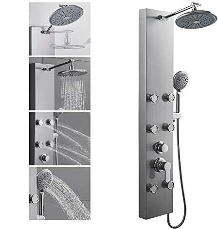 ROVOGO Stainless Steel Shower Panels System with 8-inch Rainfall Shower, 6 Body Jets and 5-Setting Handheld Shower Wand, Shower Tower with Adjustable Head, Brushed