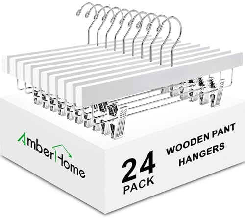 Amber Home 24 Pack White Wooden Pants Hangers with Clips, 14 Wood Skirt & Trousers Hangers, Closet Hangers for Jeans, Slacks, Shorts, with 2-Adjustable Clips (White, 24)