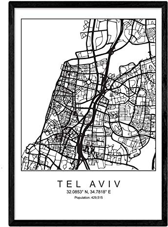 Nacnic Lámina Mapa de la Ciudad Tel aviv Estilo nordico en Blanco y Negro. Poster tamaño A4 Sin Marco Impreso Papel 250 gr. Cuadros, láminas y Posters para Salon y Dormitorio