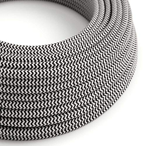 10 Metres - Black & White Herringbone Zig Zag 3 Core Vintage Retro Italian Braided Round Lighting Cable | Woven Silk Rayon | Flexible Wire Cord | Pendants - Table Lamps - Floor Lighting