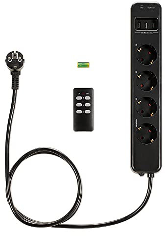 Navaris Funk Steckdosenleiste 4-fach einzeln schaltbar - mit 3x USB Buchsen - Funksteckdosenleiste mit Fernbedienung - Mehrfachsteckdose Schwarz