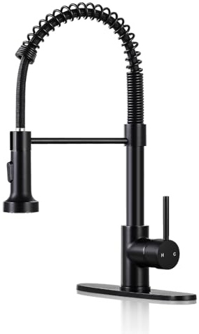 DJS Kitchen Faucets with Pull Down Sprayer Single Handle 1 or 3 Holes Spring Kitchen Sink Faucet with Deck Plate for Farmhouse RV Vessel Basin (Matte Black)