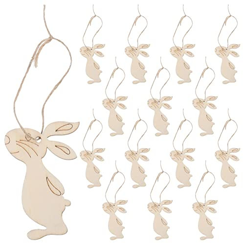 Amosfun 20 Stück Ostern Anhänger Holz Hasen Kaninchen Figur Holzscheiben mit Loch Baumscheiben Geschenkanhänger Hängende Ostern Dekoration zum Bemalen Basteln mit Schnur Khaki