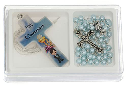 Holyart Geschenk-Set zur Kommunion mit Kreuz und Rosenkranz in blau