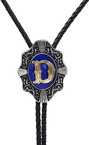 DELIGUO Bolo Ties Krawatte Für Herren - Englische Buchstaben Blau Anhänger Krawatte Mode Neuheit Schmuck, Western Cowboy Hochzeit Leder Seil Halskette Kostüm Zubehör,D,Einheitsgröße