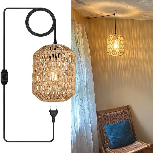 Vintage Hängelampe mit Stecker, E27 Retro Pendelleuchte mit Dimmbar Schalter, DIY Hanfseil Lampenschirm, Ø18cm Indoor/Outdoor Hängeleuchte mit 4.5M Kabel für Schlafzimmer Foyer Balkon, Max.60W