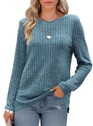 Odosalii Women's Jumpers, Jumpers for Women UK, Fall 2025 Lightweight Crew Neck Knit Tops Solid Color Side Split Basic Sweater Long Tops to Wear with Leggings Blue
