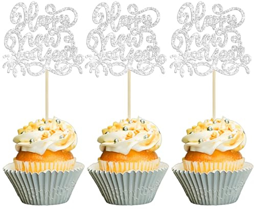 Gyufise 24 Stück 2025 Happy New Years Cupcake Toppers Silber Glitzer 2025 Happy New Year Party Dekorationen für Happy 2025 Cheers to 2025 Hello 2025 Silvester Party Dekorationen Supplies