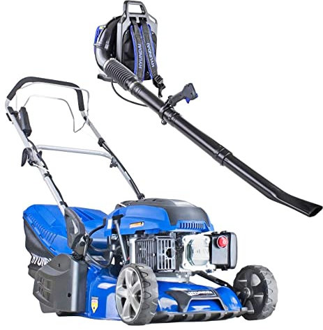 Hyundai 17/43cm 139cc Electric-start Self-propelled Petrol Roller Lawnmower, 5 Adjustable Cutting Heights& Petrol Leafblower Backpack Bundle 3 Year Warranty