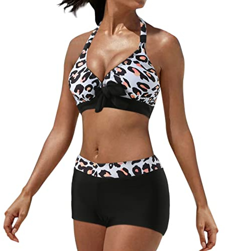 Jarseila Femme Elégant Maillots de Bain 2 Pièces Sport Bikini Halterneck Push Up Bikini Taille Haute Shorty Tankini