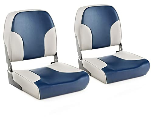 COSTWAY Siège de Bateau Pliante Lot de 2 avec Rembourrage en Mousse, Siège de Pêche à Dossier Bas Résistant aux Intempéries Charge 180KG, pour Plupart Bases de Soutien, Bleu et Gris
