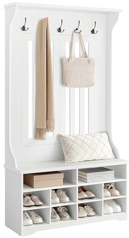 VASAGLE Garderobenständer mit Schuhbank, Garderobe, Schuhaufbewahrung, 5 Dreifach-Haken, freistehend, platzsparend, für Eingangsbereich, Flur, verstellbare Regalebenen, wolkenweiß HSR404T10