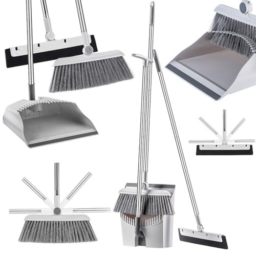 KADAX Kit de nettoyage 3 en 1 pour sol, balayette, balayette, kit de balayage à main stable pour la maison, pelle à poussière, balayette, balai de chambre, balai (gris)