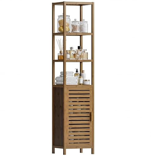 HITNET Mueble Columna Baño Estrecho, Armario Alto Baño, Gabinete de Almacenamiento con Estantes Ajustables y Compartimentos Abiertos, para Espacios Pequeños, Nogal