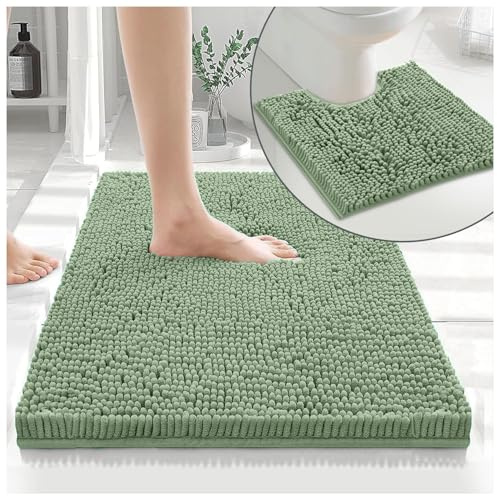 GC GAVENO CAVAILIA Loop Bath Mat Sets 2 Piece Washable Toilet Rug, 100% Microfiber Chenille Bath Mats, Quick Dry Pedestal Sage Green Bathmat, Super Absorbent Non Slip Shower Mat