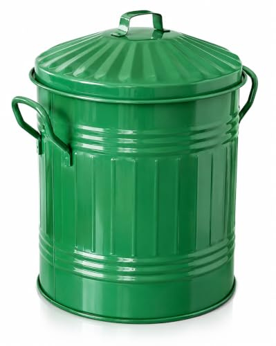 Unibos | 13L Green Metal Dust Bin with Lid, Powder-Coated Steel Rubbish Bin, Indoor & Outdoor Waste Bin with Side Handles, Recycling Bin for Kitchen, Garden, Utility Room & Garage, 36cm