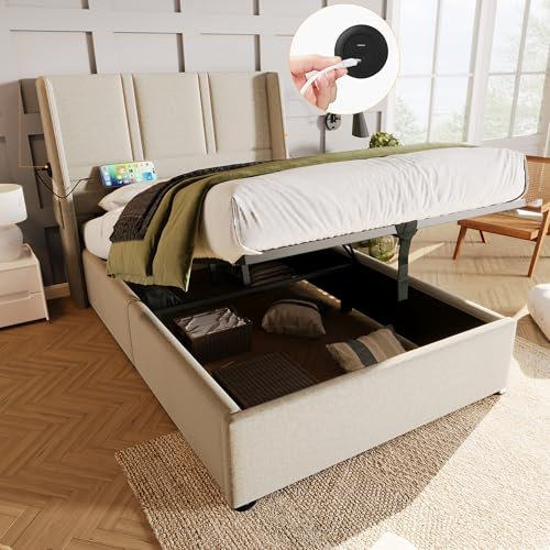 Autheria Bett 90x200 mit USB Typ C,Polsterbett 90x200 mit Stauraum und Kopfteil, Bett mit Lattenrost Jugendbett Stauraumbett Bettgestell Beige