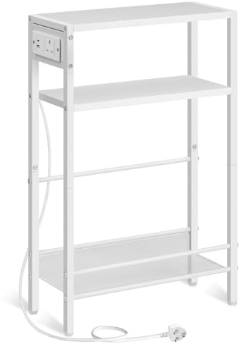 HOOBRO Slim Side Table with Charging Station, Narrow Bedside Table for Small Spaces, 3-Tier End Table with USB & Type-C Ports, White EWW102KBZ01
