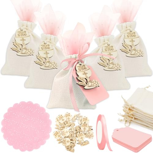 Lot de 24 bonbonnières de confirmation pour fille, rose, 10 x 8 cm, sachets en jute avec calice en bois, en tulle pour dragées, rubans, étiquette, idéal pour communion, mariage, confirmation, baptême,
