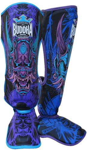Buddha Fight Wear Schienbeinschoner für Muay Thai, MMA und Kickboxen, Modell Luzbel, hergestellt aus Kunstleder der neuesten Generation, robuste und verstärkte Nähte (Blau, M)