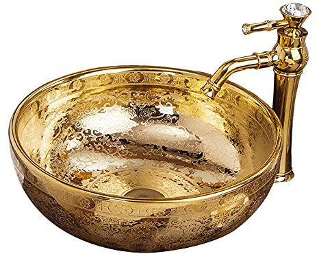 Vasque à Poser Vasque à Poser Ronde dorée, Vasque de Salle de Bain avec bonde escamotable sans trop-Plein, Moderne au-Dessus du comptoir pour Meuble de Toilette, doré