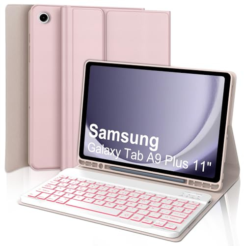WAVATA Funda Teclado para Samsung Tab A9 Plus - Teclado España Ñ Bluetooth Retroiluminación Desmontable para Samsung Tab A9 Plus SM-X210/X216/X218, Rosa