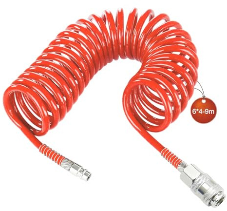 SRJQXH 9 m Druckluft Spiralschlauch, Orange Druckluft Schlauch, Durchmesser 6 x 4 mm Luftdruckschlauch, Spiralförmige Kompressor Schlauch, mit Anschlussstück, für Haushalt, Werkstatt, Autowerkstatt