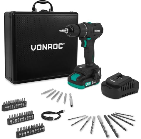 VONROC PRO - Taladro inalámbrico de 20 V - 40 Nm - Motor sin escobillas - 17 ajustes de par + modo taladro - Con batería de 2,0 Ah, cargador y 46 accesorios en caja de alta gama