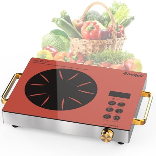 Cooksir Plaque Vitrocéramique 1 Feu avec Prise, 2000W, Plaque de Cuisson Electrique à Poignet Portable 36CM, Table de Cuisson avec Bouton Rotatif et Commande Tactile, 220V Glaskeramikkochfeld