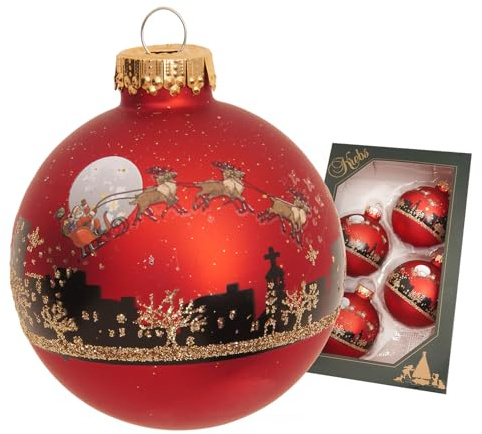 Krebs Glas Lauscha - Weihnachtsdekoration/Christbaumschmuck aus Glas - Rote Weihnachtskugeln - Motiv: Santa Flying Over The City - 4 Stück - Größe: 7cm