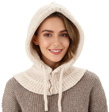 TAGVO Bonnet Écharpe à Capuche Femme Hiver, 2 en 1 Bonnet Tricoté Thermique & Cache-Cou Réglable Unisexe pour Extérieur