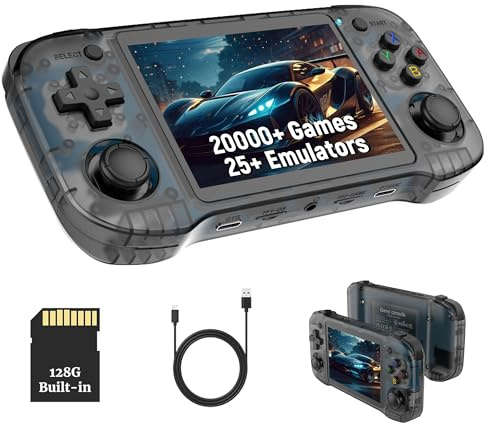 R46H Retro Portable Gaming Console 128GB, Handheld Emulator Games Console with Built in 20000+ Video Games 25+ Emulators, 4.2 Inch HD Screen, 3D Dual Joysticks, 3000mAh Battery (Translucent Black)