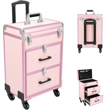 Kosmetikkoffer Trolley, Professionell Schminkkoffer 2 Schubladen, Groß Kosmetik Trolley Make up Koffer mit 4 Universalrollen, Abschließbare Friseurkoffer Rollkoffer, 36 x 23 x 58 cm (Rosa)