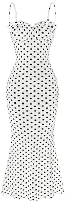 GORGLITTER Women's Polka Dots Fishtail Maxi Cami Dresses Bodycon Long Dress | Vintage, Sleeveless, Adjustable Straps, Ruffle, Evening Dress for Women, Vacation, Going Out, Birthday