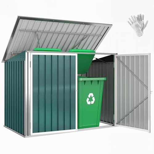 Outsunny Casetta per Spazzatura Esterna 1.91m² in Acciaio Zincato con 2 Porte Bloccabili, Contenitore per Bidoni Rifiuti con Tetto Apribile Prese d'aria, Capanno da Giardino per 2 Bidoni, Verde