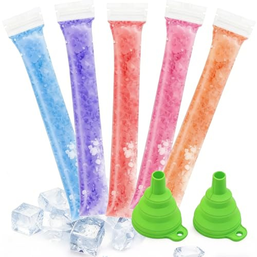 300 PCS Ice Bags for Ice Cubes, Ice Pop Moulds with 2 Funnels, 28 x 5 cm Reusable Ice Cube Bags for Freezer, Versatile Ice Lolly Moulds for Outdoor Activities and Snack Preparation