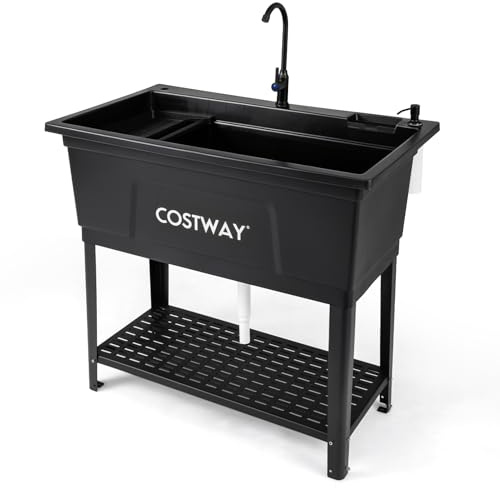 COSTWAY 100L Kitchen Sink, Free Standing Catering Sink with Rotating Faucet, Storage Shelf, Drip Tray, Adjustable Legs, Drainage, Single Bowl Utility Sink for Laundry Garage Restaurant Outdoor, Black