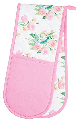 KitchenCraft 1% Cotton 'Rose' Floral Double Oven Gloves, 86 x 18 cm (34 x 7) - Pink / White