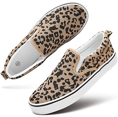 Women's Canvas Slip On Sneakers Non Slip Loafers Leopard US7
