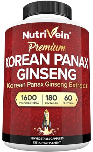 Nutrivein Korean Red Panax Ginseng 1600mg – Extra Strength Formula – 180 Capsules – Boost Energy, Mental Focus & Immune Health Naturally