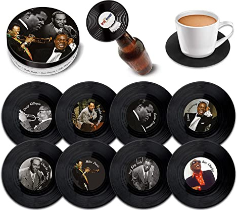 Retro Musique Set of 8 Jazz Legends Vinyl Coasters With Magnetic Bottle Opener | Lovely Music Coasters Bar Gifts For Men & Women | Fantastic Music Lover Gifts Housed In a Metal Tin