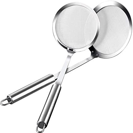2 Stück Schöpfkelle Feinmaschig, Löffel Filter, küchensieb Feinmaschig, Frittierlöffel Feines Sieb, Edelstahl Schaumlöffel für Küche, Filter Mehl, Filtern von Feuchtigkeit Öl, Skimming Fett Schaum