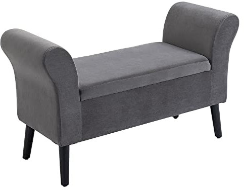 HOMCOM Panca Contenitore Camera da Letto con Vano Portaoggetti e Braccioli, Panca per Ingresso in Tessuto Effetto Velluto e Legno di Gomma, Panca Fondo Letto, 111.5x41x65 cm, Grigio